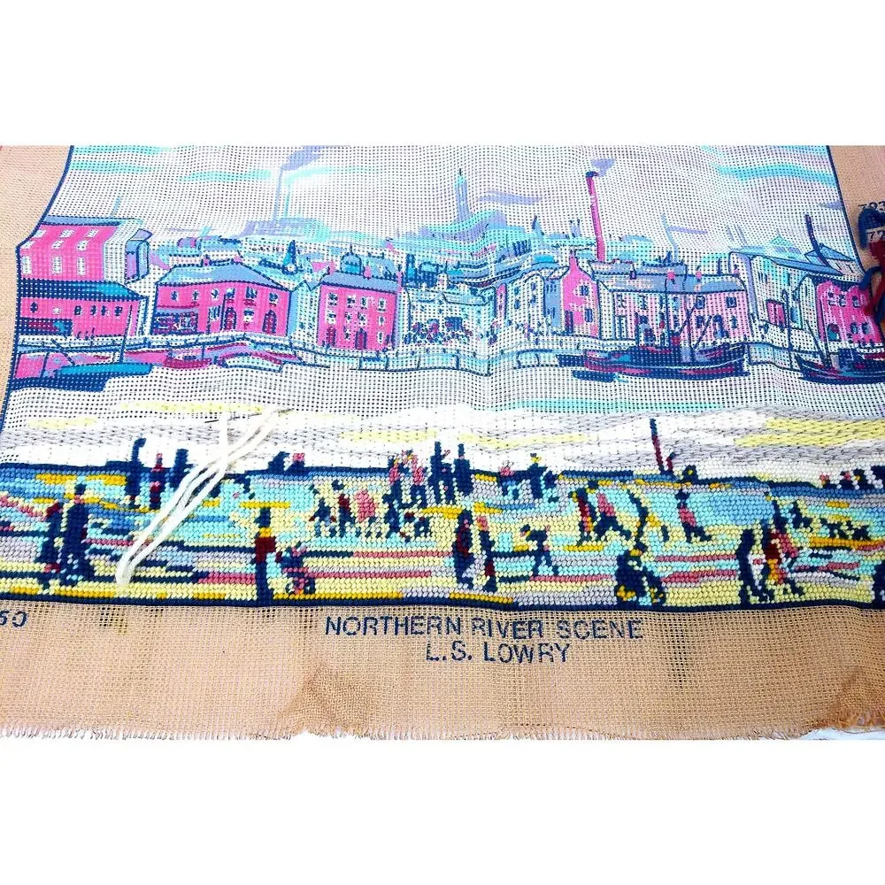 Vintage DMC Needlepoint Northern River Scene LS Lowry WITH Yarn